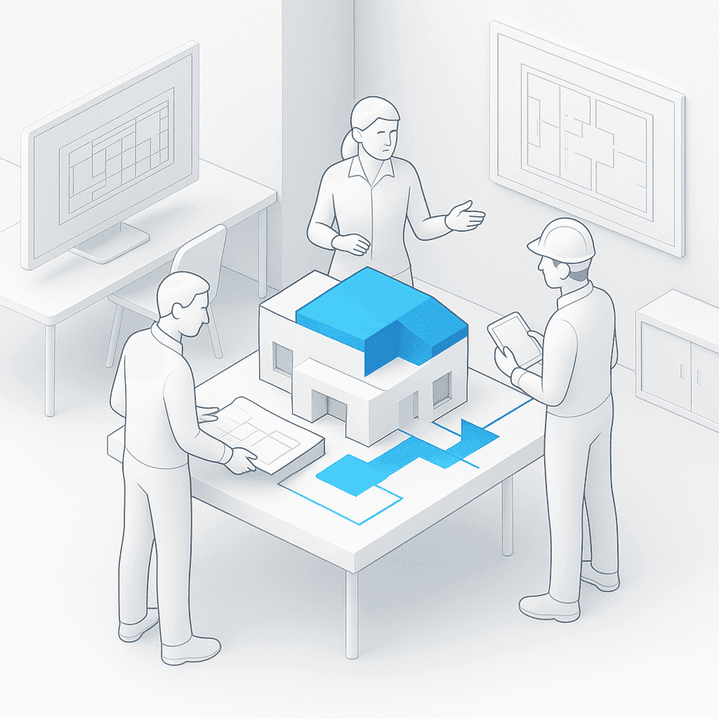 A team comparing construction information with a building model