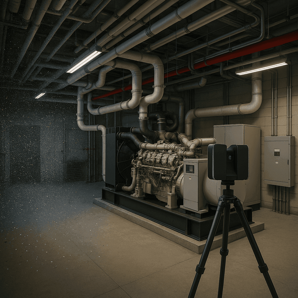 A terrestrial scanner capturing a mechanical plant room